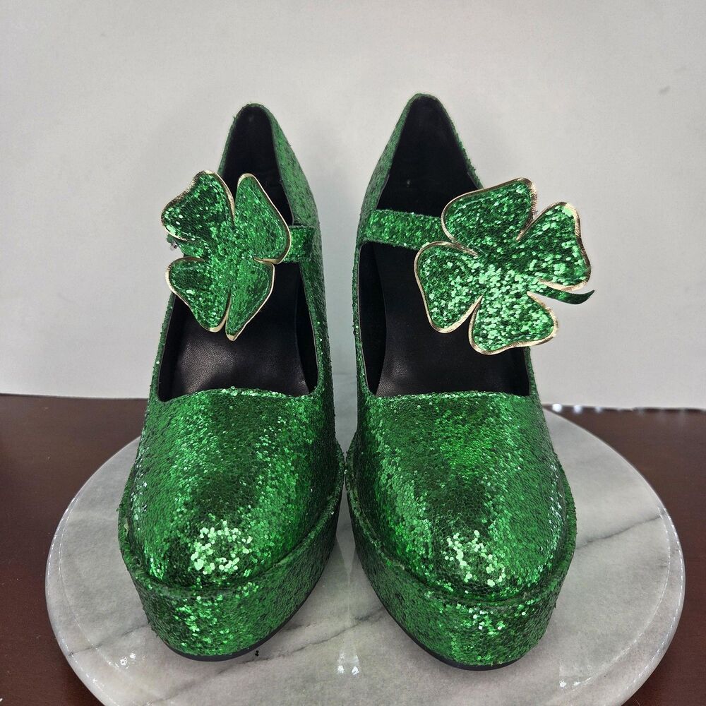 Shoes Womens Size 10 Green Glitter Platform Shamrock St Patricks Day Leprechaun - Picture 3 of 16